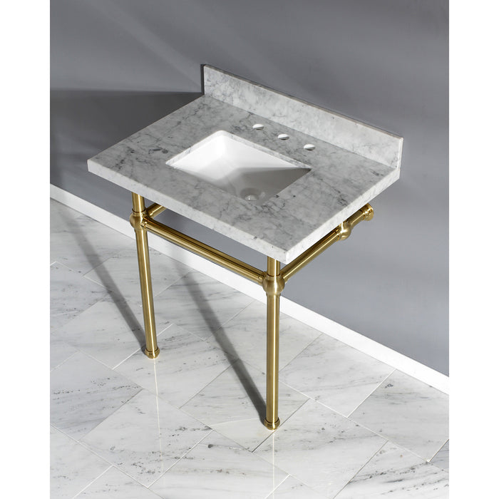 Kingston Heirloom KVPB3030MBSQ7 - Templeton 30-Inch Carrara Marble Vanity Top with Brass Legs (8-Inch, 3-Hole), Carrara Marble White/Brushed Brass
