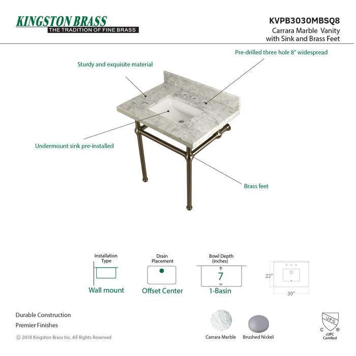 Kingston Heirloom KVPB3030MBSQ8 - Templeton 30-Inch Carrara Marble Vanity Top with Brass Legs (8-Inch, 3-Hole), Carrara Marble White/Brushed Nickel