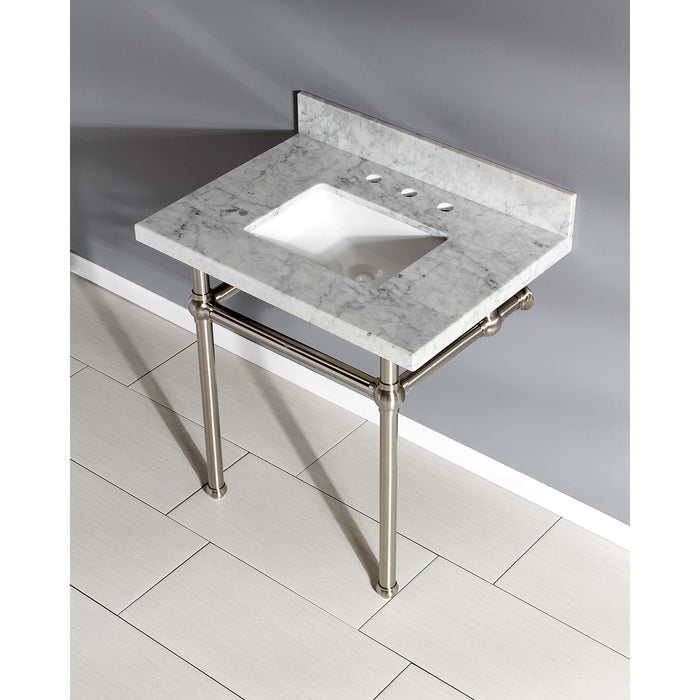 Kingston Heirloom KVPB3030MBSQ8 - Templeton 30-Inch Carrara Marble Vanity Top with Brass Legs (8-Inch, 3-Hole), Carrara Marble White/Brushed Nickel