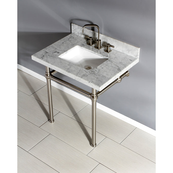 Kingston Heirloom KVPB3030MBSQ8 - Templeton 30-Inch Carrara Marble Vanity Top with Brass Legs (8-Inch, 3-Hole), Carrara Marble White/Brushed Nickel
