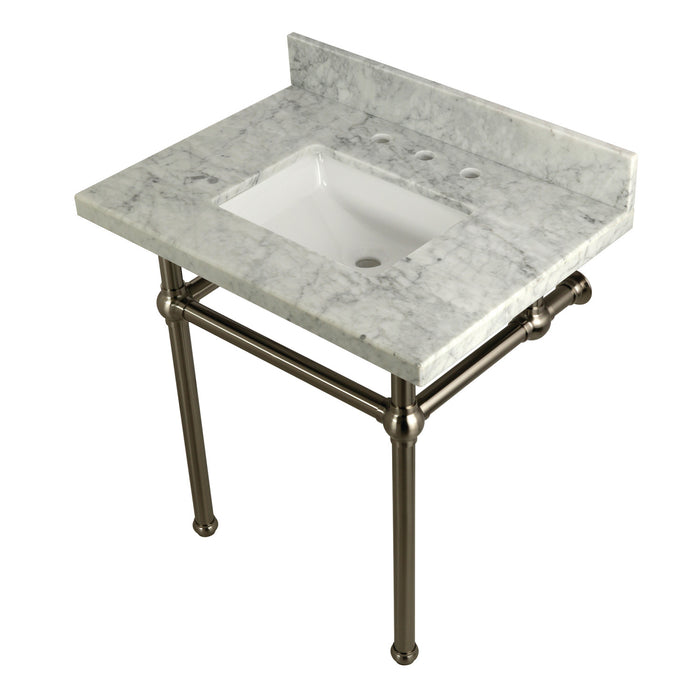 Kingston Heirloom KVPB3030MBSQ8 - Templeton 30-Inch Carrara Marble Vanity Top with Brass Legs (8-Inch, 3-Hole), Carrara Marble White/Brushed Nickel
