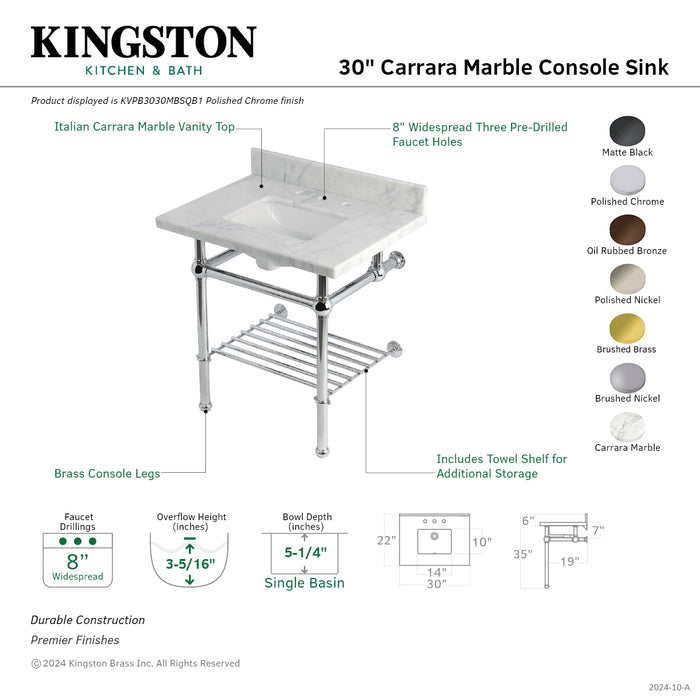 Kingston Heirloom KVPB3030MBSQB0 - Templeton 30-Inch Carrara Marble Console Sink with Brass Legs and Shelf (8-Inch, 3-Hole), Carrara Marble White/Matte Black