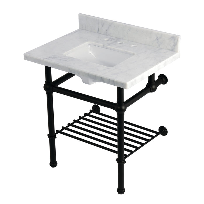 Kingston Heirloom KVPB3030MBSQB0 - Templeton 30-Inch Carrara Marble Console Sink with Brass Legs and Shelf (8-Inch, 3-Hole), Carrara Marble White/Matte Black