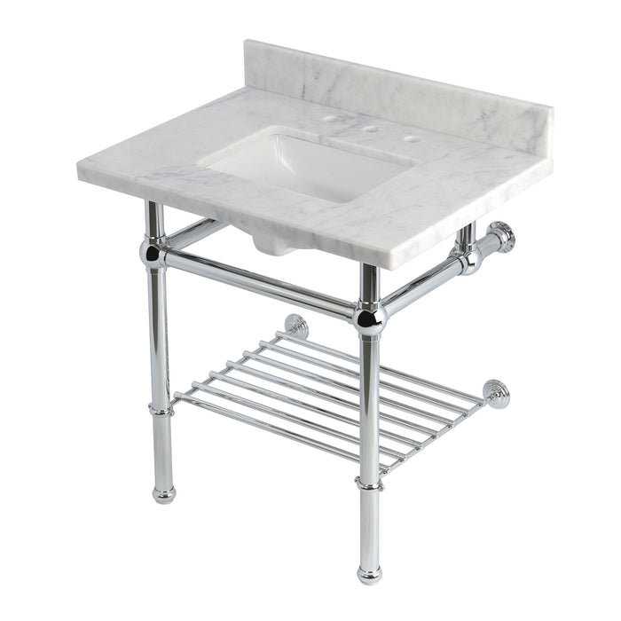 Templeton KVPB3030MBSQB1 30-Inch Carrara Marble Console Sink with Brass Legs and Shelf (8-Inch, 3-Hole), Carrara Marble White/Polished Chrome