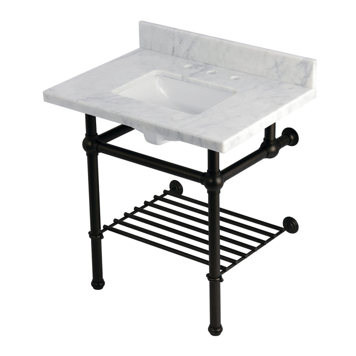 Kingston Heirloom KVPB3030MBSQB5 - Templeton 30-Inch Carrara Marble Console Sink with Brass Legs and Shelf (8-Inch, 3-Hole), Carrara Marble White/Oil Rubbed Bronze