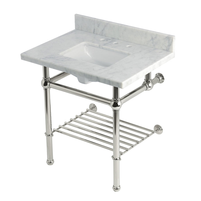 Kingston Heirloom KVPB3030MBSQB6 - Templeton 30-Inch Carrara Marble Console Sink with Brass Legs and Shelf (8-Inch, 3-Hole), Carrara Marble White/Polished Nickel
