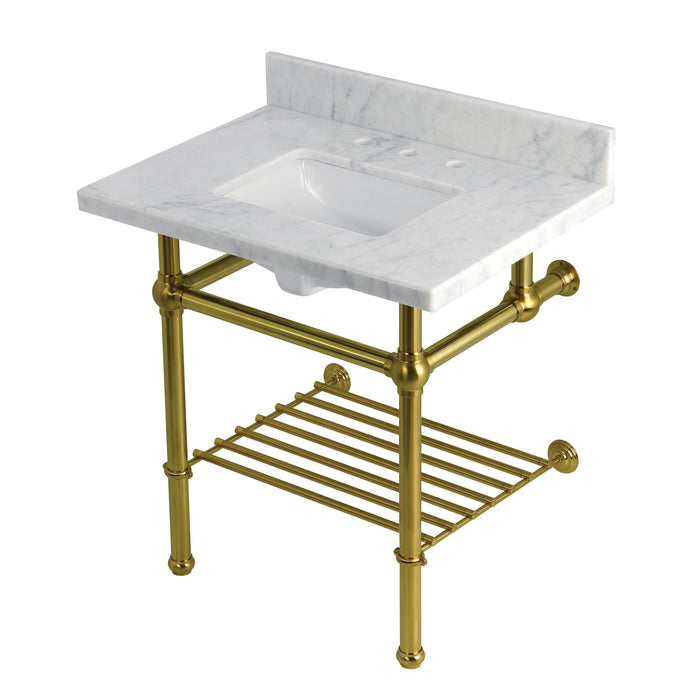 Kingston Heirloom KVPB3030MBSQB7 - Templeton 30-Inch Carrara Marble Console Sink with Brass Legs and Shelf (8-Inch, 3-Hole), Carrara Marble White/Brushed Brass