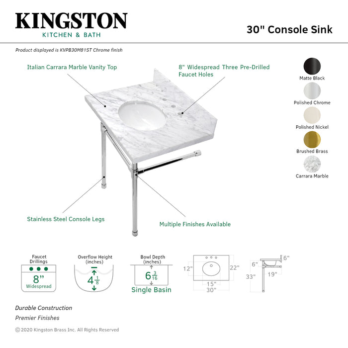 Kingston Tulare KVPB30M81ST - Dreyfuss 30-Inch Carrara Marble Vanity Top with Stainless Steel Legs (8-Inch, 3-Hole), Carrara Marble White/Polished Chrome