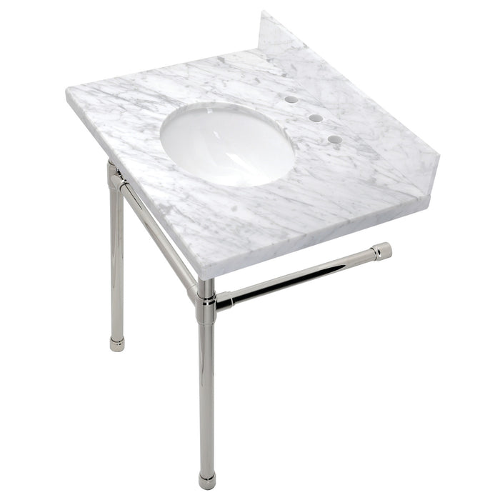 Kingston Tulare KVPB30M86ST - Dreyfuss 30-Inch Carrara Marble Vanity Top with Stainless Steel Legs (8-Inch, 3-Hole), Carrara Marble White/Polished Nickel