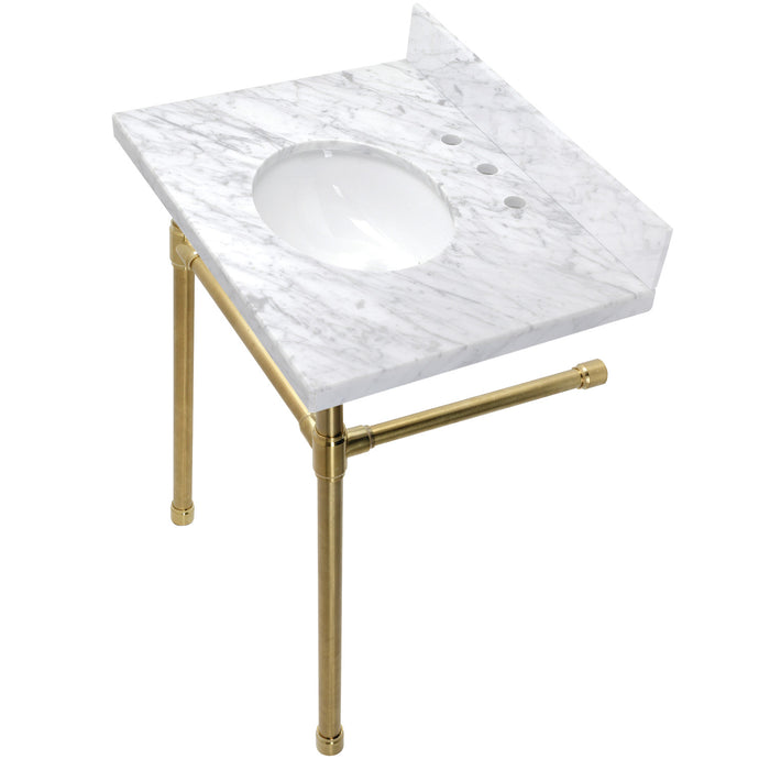 Kingston Tulare KVPB30M87ST - Dreyfuss 30-Inch Carrara Marble Vanity Top with Stainless Steel Legs (8-Inch, 3-Hole), Carrara Marble White/Brushed Brass