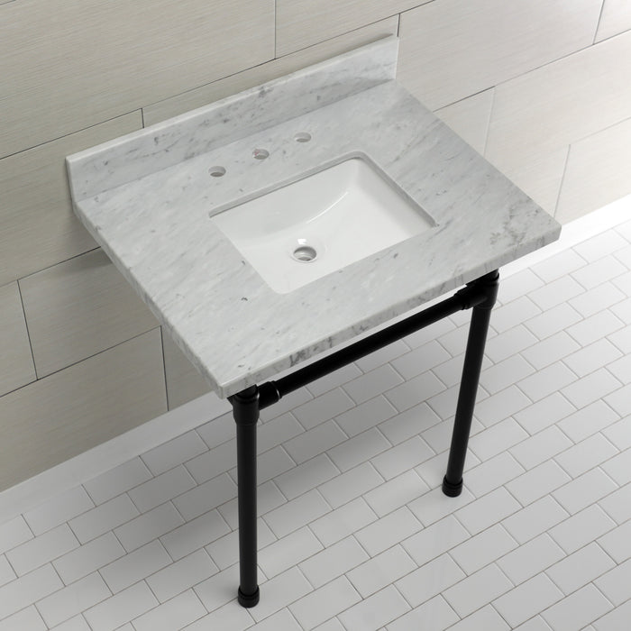 Kingston Tulare KVPB30M8SQ0ST - Dreyfuss 30-Inch Carrara Marble Vanity Top with Stainless Steel Legs (8-Inch, 3-Hole), Carrara Marble White/Matte Black