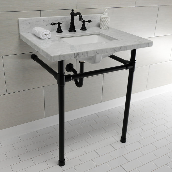 Kingston Tulare KVPB30M8SQ0ST - Dreyfuss 30-Inch Carrara Marble Vanity Top with Stainless Steel Legs (8-Inch, 3-Hole), Carrara Marble White/Matte Black
