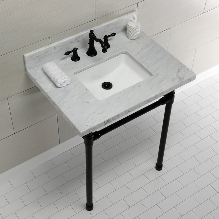Kingston Tulare KVPB30M8SQ0ST - Dreyfuss 30-Inch Carrara Marble Vanity Top with Stainless Steel Legs (8-Inch, 3-Hole), Carrara Marble White/Matte Black