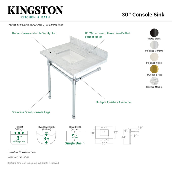 Kingston Tulare KVPB30M8SQ1ST - Dreyfuss 30-Inch Carrara Marble Vanity Top with Stainless Steel Legs (8-Inch, 3-Hole), Carrara Marble White/Polished Chrome