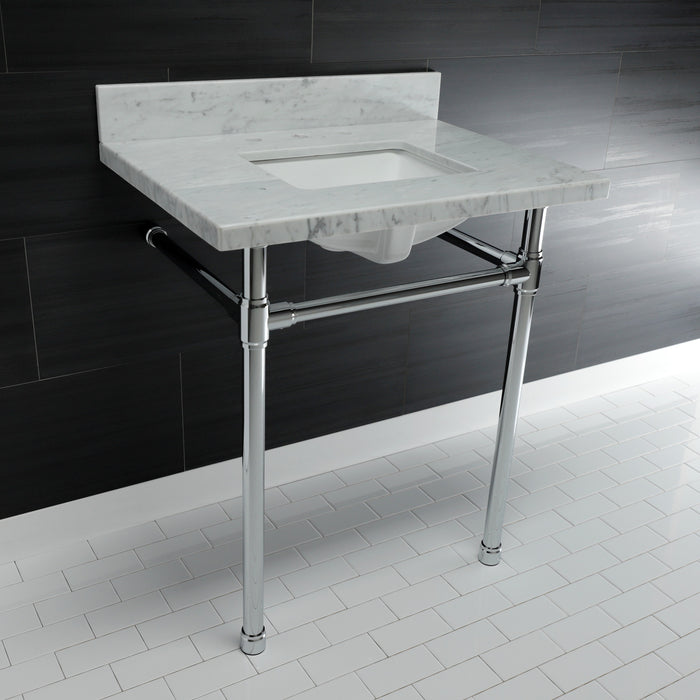 Kingston Tulare KVPB30M8SQ1ST - Dreyfuss 30-Inch Carrara Marble Vanity Top with Stainless Steel Legs (8-Inch, 3-Hole), Carrara Marble White/Polished Chrome
