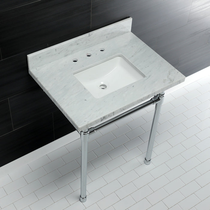 Kingston Tulare KVPB30M8SQ1ST - Dreyfuss 30-Inch Carrara Marble Vanity Top with Stainless Steel Legs (8-Inch, 3-Hole), Carrara Marble White/Polished Chrome