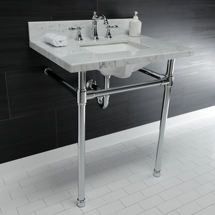 Kingston Tulare KVPB30M8SQ1ST - Dreyfuss 30-Inch Carrara Marble Vanity Top with Stainless Steel Legs (8-Inch, 3-Hole), Carrara Marble White/Polished Chrome