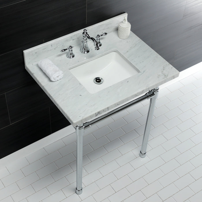 Kingston Tulare KVPB30M8SQ1ST - Dreyfuss 30-Inch Carrara Marble Vanity Top with Stainless Steel Legs (8-Inch, 3-Hole), Carrara Marble White/Polished Chrome