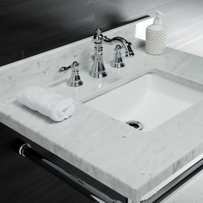 Kingston Tulare KVPB30M8SQ1ST - Dreyfuss 30-Inch Carrara Marble Vanity Top with Stainless Steel Legs (8-Inch, 3-Hole), Carrara Marble White/Polished Chrome