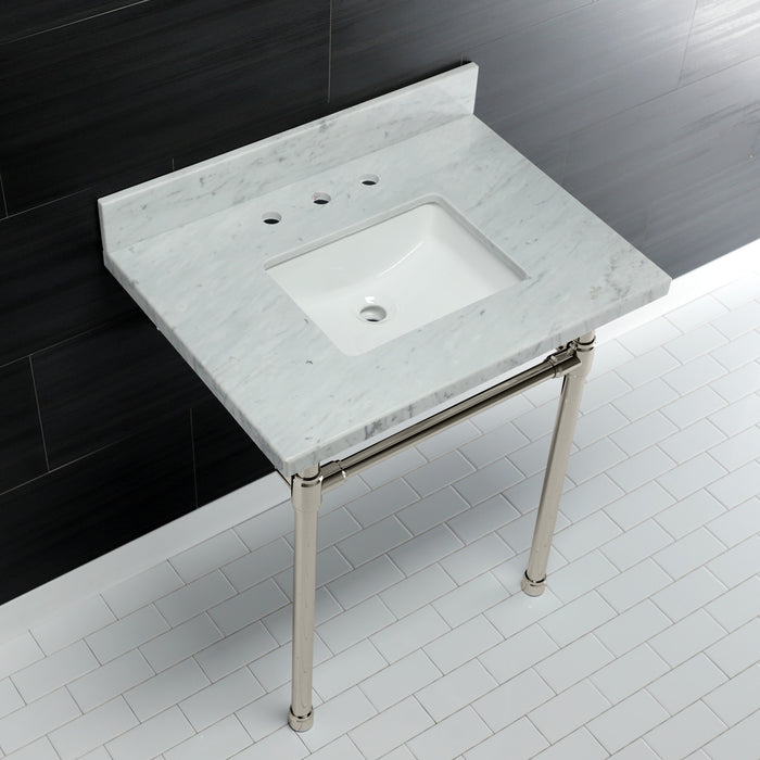 Kingston Tulare KVPB30M8SQ6ST - Dreyfuss 30-Inch Carrara Marble Vanity Top with Stainless Steel Legs (8-Inch, 3-Hole), Carrara Marble White/Polished Nickel