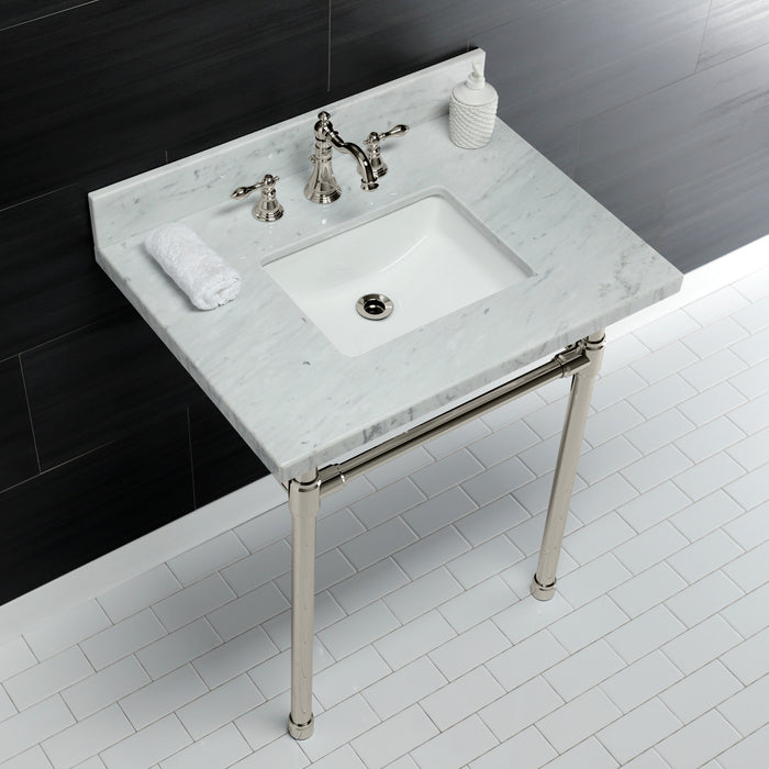 Kingston Tulare KVPB30M8SQ6ST - Dreyfuss 30-Inch Carrara Marble Vanity Top with Stainless Steel Legs (8-Inch, 3-Hole), Carrara Marble White/Polished Nickel