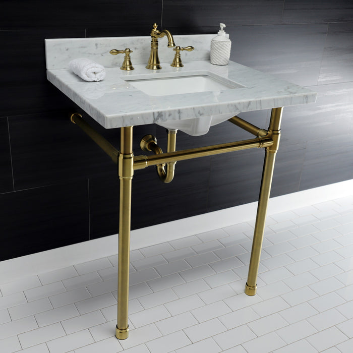 Kingston Tulare KVPB30M8SQ7ST - Dreyfuss 30-Inch Carrara Marble Vanity Top with Stainless Steel Legs (8-Inch, 3-Hole), Carrara Marble White/Brushed Brass
