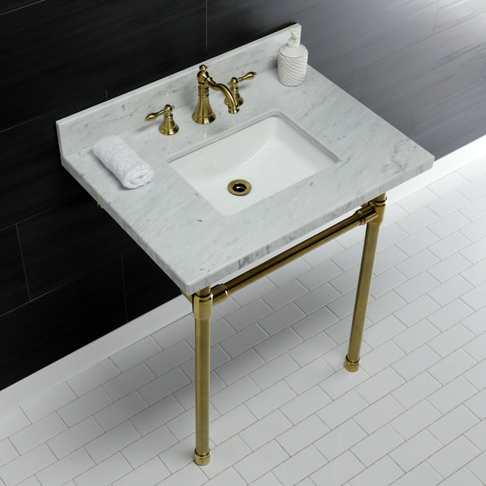 Kingston Tulare KVPB30M8SQ7ST - Dreyfuss 30-Inch Carrara Marble Vanity Top with Stainless Steel Legs (8-Inch, 3-Hole), Carrara Marble White/Brushed Brass