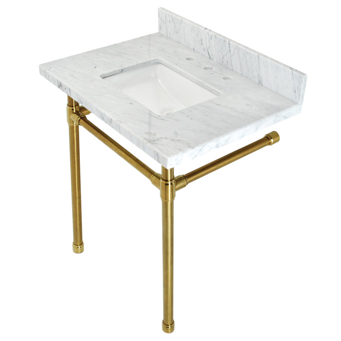 Kingston Tulare KVPB30M8SQ7ST - Dreyfuss 30-Inch Carrara Marble Vanity Top with Stainless Steel Legs (8-Inch, 3-Hole), Carrara Marble White/Brushed Brass