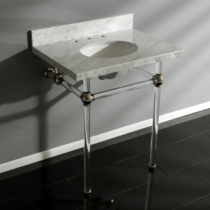 Kingston Tulare KVPB30MA6 - Templeton 30-Inch Carrara Marble Vanity Top with Acrylic Legs (8-Inch, 3-Hole), Carrara Marble White/Polished Nickel