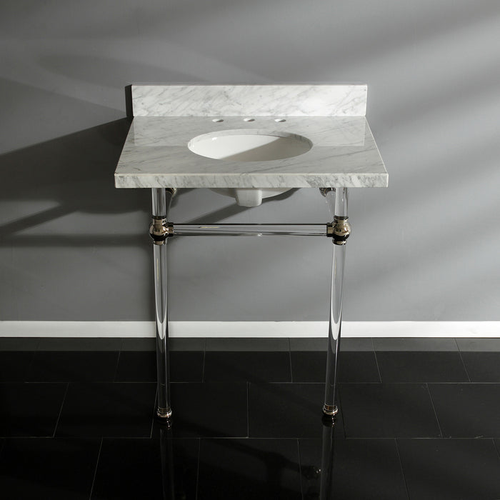 Kingston Tulare KVPB30MA6 - Templeton 30-Inch Carrara Marble Vanity Top with Acrylic Legs (8-Inch, 3-Hole), Carrara Marble White/Polished Nickel