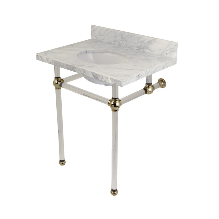 Kingston Tulare KVPB30MA6 - Templeton 30-Inch Carrara Marble Vanity Top with Acrylic Legs (8-Inch, 3-Hole), Carrara Marble White/Polished Nickel