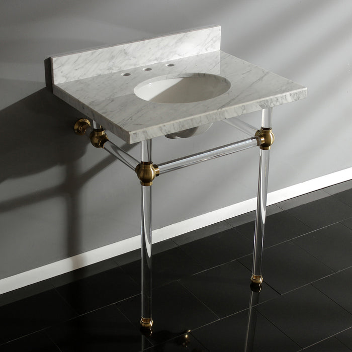 Kingston Tulare KVPB30MA7 - Templeton 30-Inch Carrara Marble Vanity Top with Acrylic Legs (8-Inch, 3-Hole), Carrara Marble White/Brushed Brass