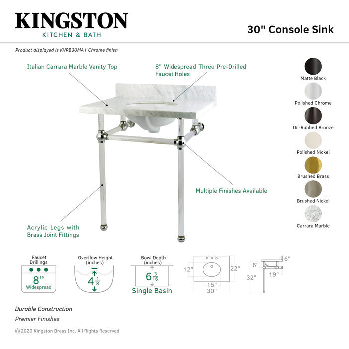Kingston Tulare KVPB30MA8 - Templeton 30-Inch Carrara Marble Vanity Top with Acrylic Legs (8-Inch, 3-Hole), Carrara Marble White/Brushed Nickel