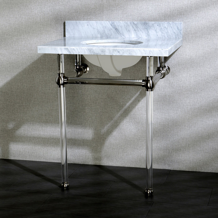 Kingston Tulare KVPB30MA8 - Templeton 30-Inch Carrara Marble Vanity Top with Acrylic Legs (8-Inch, 3-Hole), Carrara Marble White/Brushed Nickel