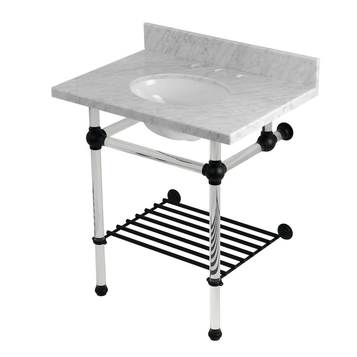 Kingston Tulare KVPB30MAB0 - Templeton 30-Inch Carrara Marble Console Sink with Acrylic Legs and Shelf (8-Inch, 3-Hole), Carrara Marble White/Matte Black