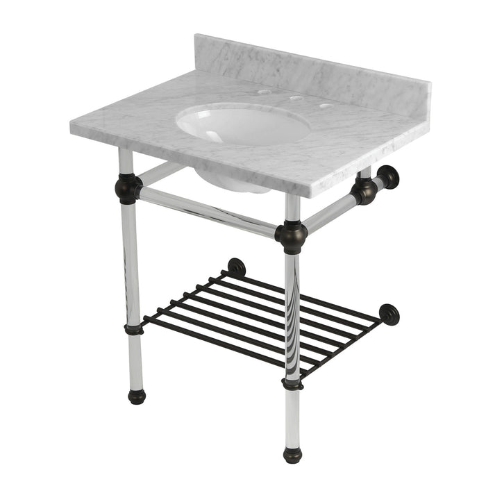 Kingston Tulare KVPB30MAB5 - Templeton 30-Inch Carrara Marble Console Sink with Acrylic Legs and Shelf (8-Inch, 3-Hole), Carrara Marble White/Oil Rubbed Bronze