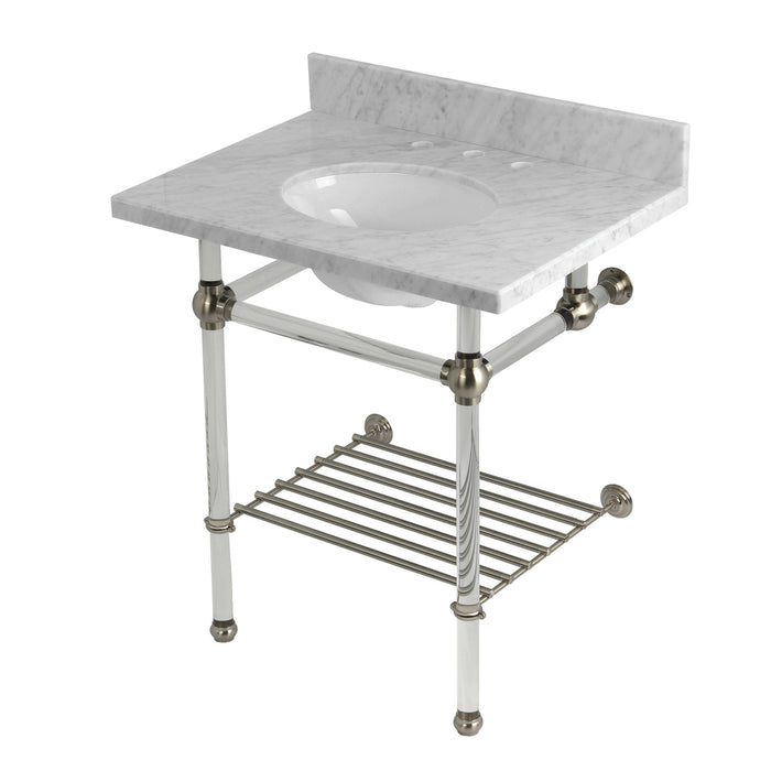 Kingston Tulare KVPB30MAB8 - Templeton 30-Inch Carrara Marble Console Sink with Acrylic Legs and Shelf (8-Inch, 3-Hole), Carrara Marble White/Brushed Nickel