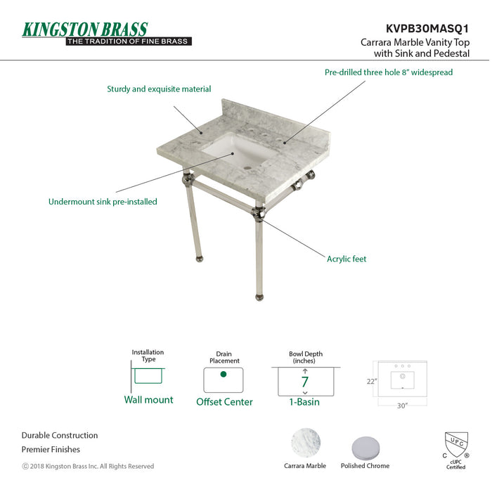 Kingston Tulare KVPB30MASQ1 - Templeton 30-Inch Carrara Marble Vanity Top with Acrylic Legs (8-Inch, 3-Hole), Carrara Marble White/Polished Chrome