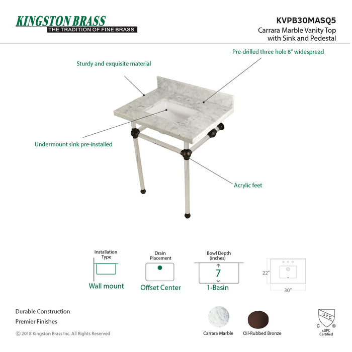 Kingston Tulare KVPB30MASQ5 - Templeton 30-Inch Carrara Marble Vanity Top with Acrylic Legs (8-Inch, 3-Hole), Carrara Marble White/Oil Rubbed Bronze