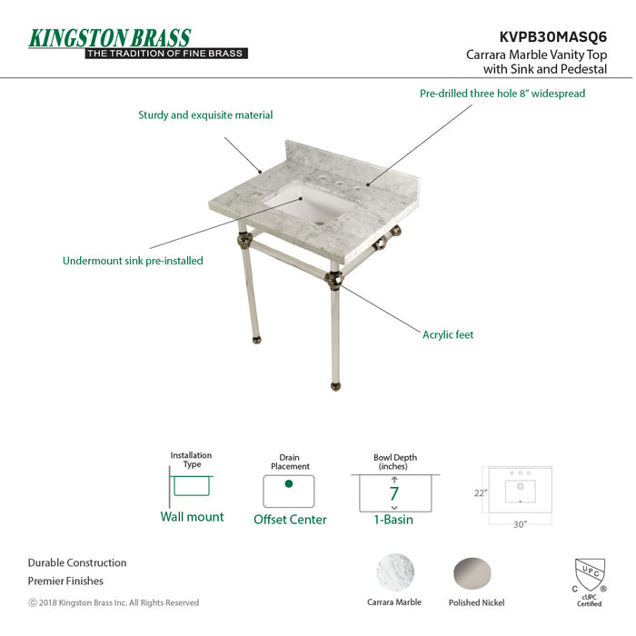 Kingston Tulare KVPB30MASQ6 - Templeton 30-Inch Carrara Marble Vanity Top with Acrylic Legs (8-Inch, 3-Hole), Carrara Marble White/Polished Nickel