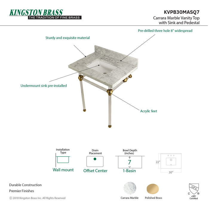 Kingston Tulare KVPB30MASQ7 - Templeton 30-Inch Carrara Marble Vanity Top with Acrylic Legs (8-Inch, 3-Hole), Carrara Marble White/Brushed Brass