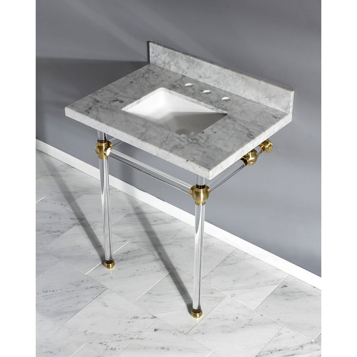 Kingston Tulare KVPB30MASQ7 - Templeton 30-Inch Carrara Marble Vanity Top with Acrylic Legs (8-Inch, 3-Hole), Carrara Marble White/Brushed Brass