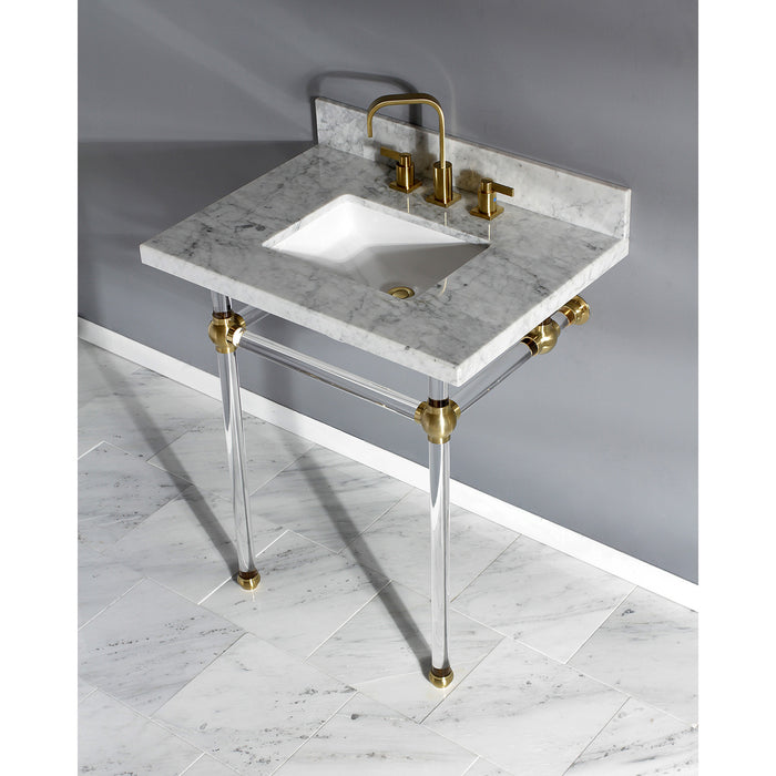 Kingston Tulare KVPB30MASQ7 - Templeton 30-Inch Carrara Marble Vanity Top with Acrylic Legs (8-Inch, 3-Hole), Carrara Marble White/Brushed Brass