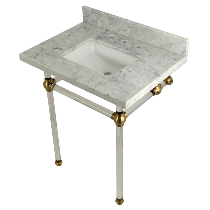 Kingston Tulare KVPB30MASQ7 - Templeton 30-Inch Carrara Marble Vanity Top with Acrylic Legs (8-Inch, 3-Hole), Carrara Marble White/Brushed Brass
