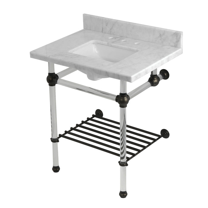 Kingston Tulare KVPB30MASQB5 - Templeton 30-Inch Carrara Marble Console Sink with Acrylic Legs and Shelf (8-Inch, 3-Hole), Carrara Marble White/Oil Rubbed Bronze