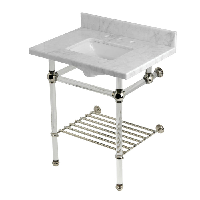 Kingston Tulare KVPB30MASQB6 - Templeton 30-Inch Carrara Marble Console Sink with Acrylic Legs and Shelf (8-Inch, 3-Hole), Carrara Marble White/Polished Nickel