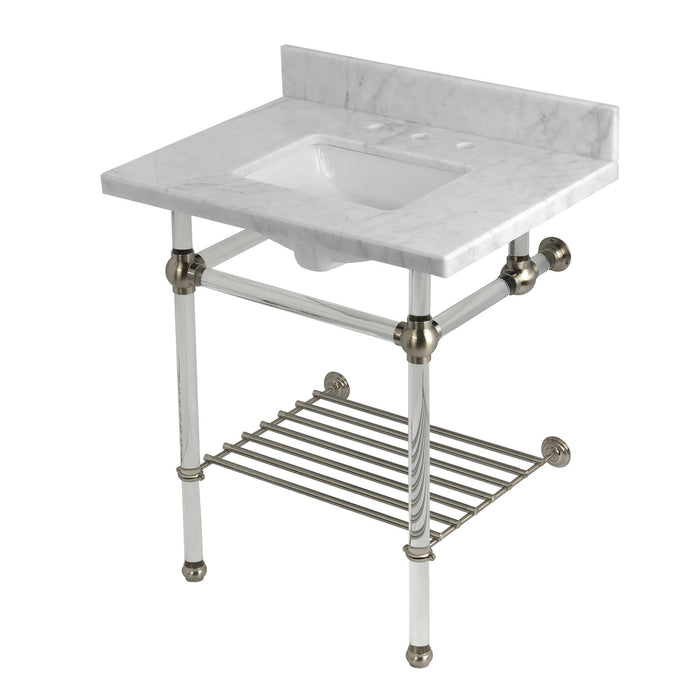 Kingston Tulare KVPB30MASQB8 - Templeton 30-Inch Carrara Marble Console Sink with Acrylic Legs and Shelf (8-Inch, 3-Hole), Carrara Marble White/Brushed Nickel