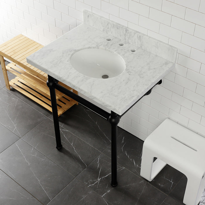 Kingston Heirloom KVPB30MB0 - Templeton 30-Inch Carrara Marble Vanity Top with Brass Legs (8-Inch, 3-Hole), Carrara Marble White/Matte Black