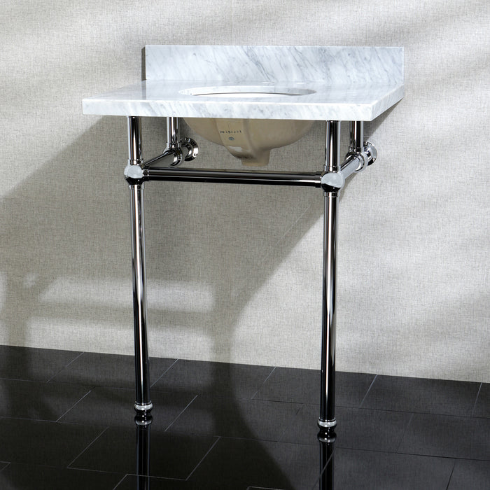 Kingston Heirloom KVPB30MB1 - Templeton 30-Inch Carrara Marble Vanity Top with Brass Legs (8-Inch, 3-Hole), Carrara Marble White/Polished Chrome