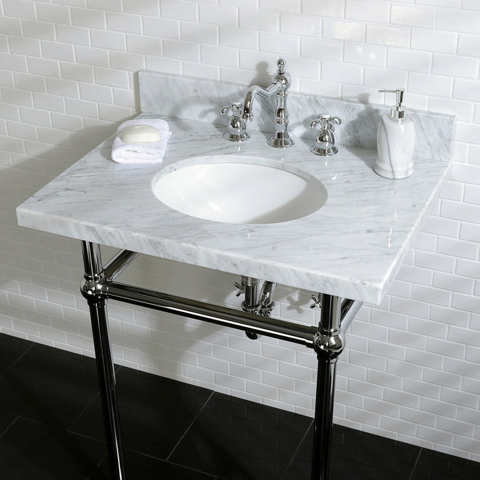 Kingston Heirloom KVPB30MB1 - Templeton 30-Inch Carrara Marble Vanity Top with Brass Legs (8-Inch, 3-Hole), Carrara Marble White/Polished Chrome